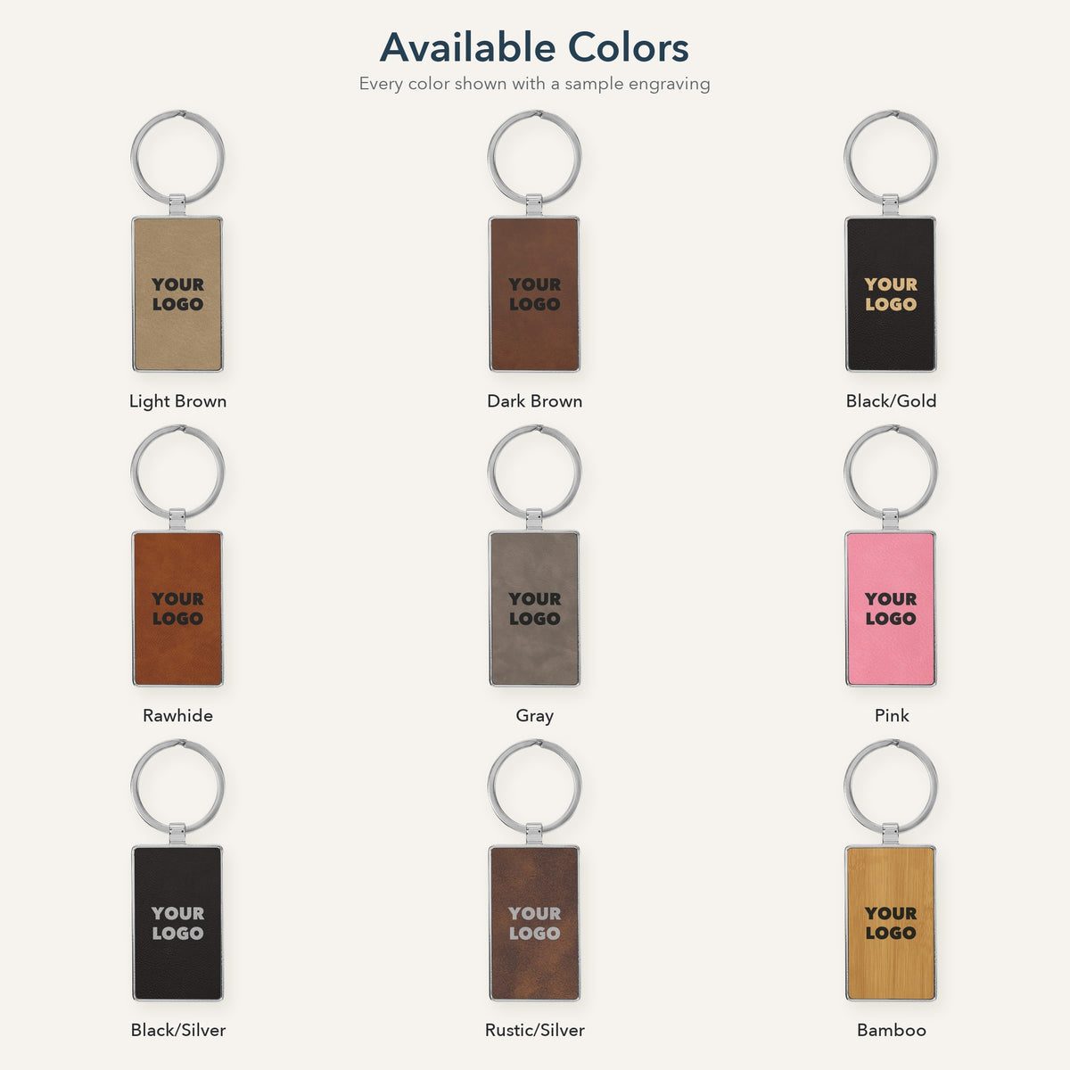 Custom Logo Leatherette & Metal Keychain – Rectangle, all 9 available colors with sample engravings