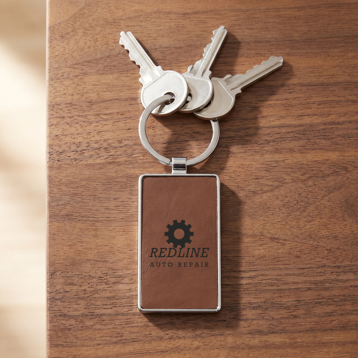 Custom Logo Leatherette & Metal Keychain – Rectangle, Dark Brown on a key ring with house keys, engraved sample logo