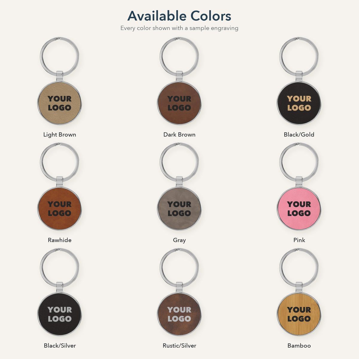 Custom Logo Leatherette & Metal Keychain – Round, all 9 available colors with sample engravings
