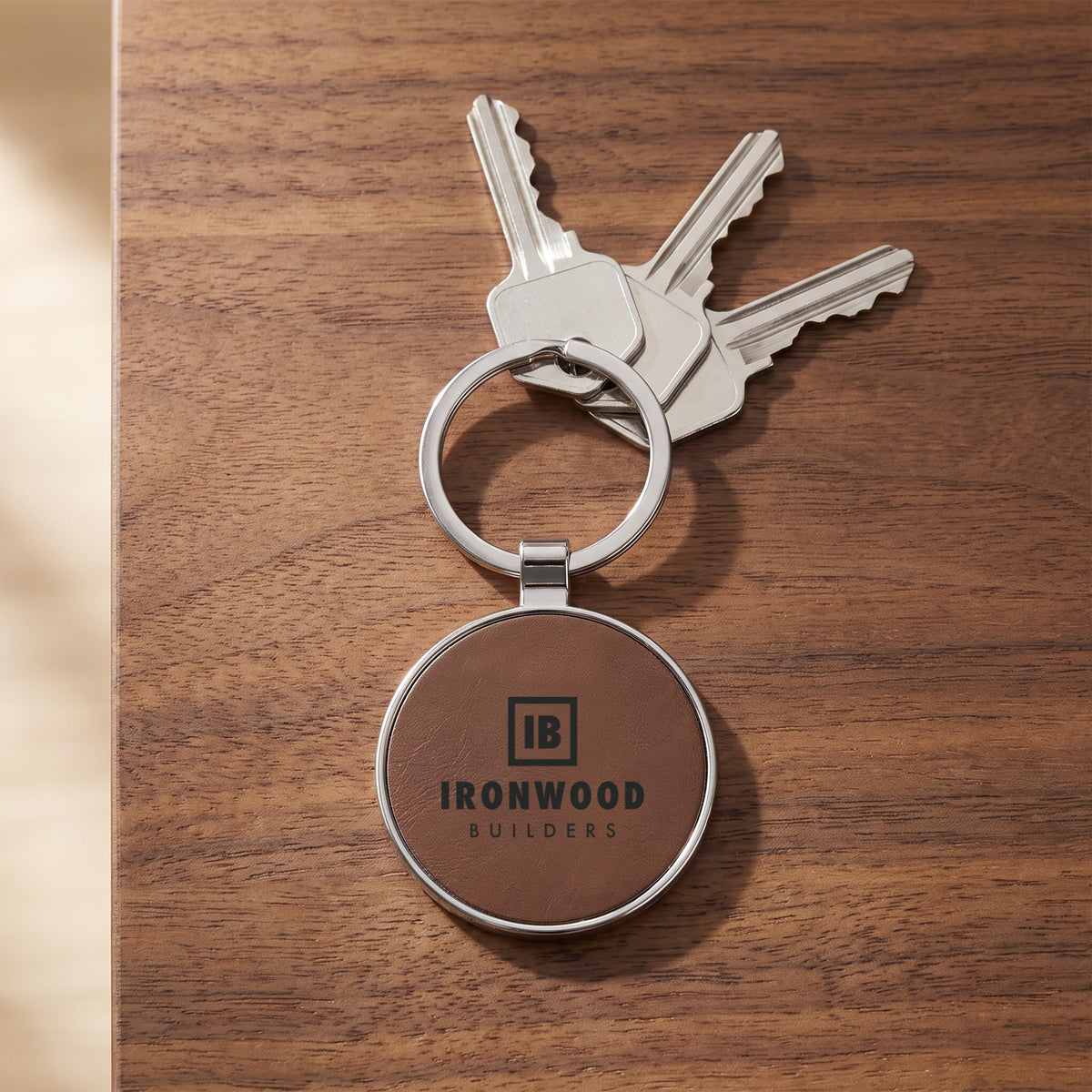 Custom Logo Leatherette & Metal Keychain – Round, Dark Brown on a key ring with house keys, engraved sample logo