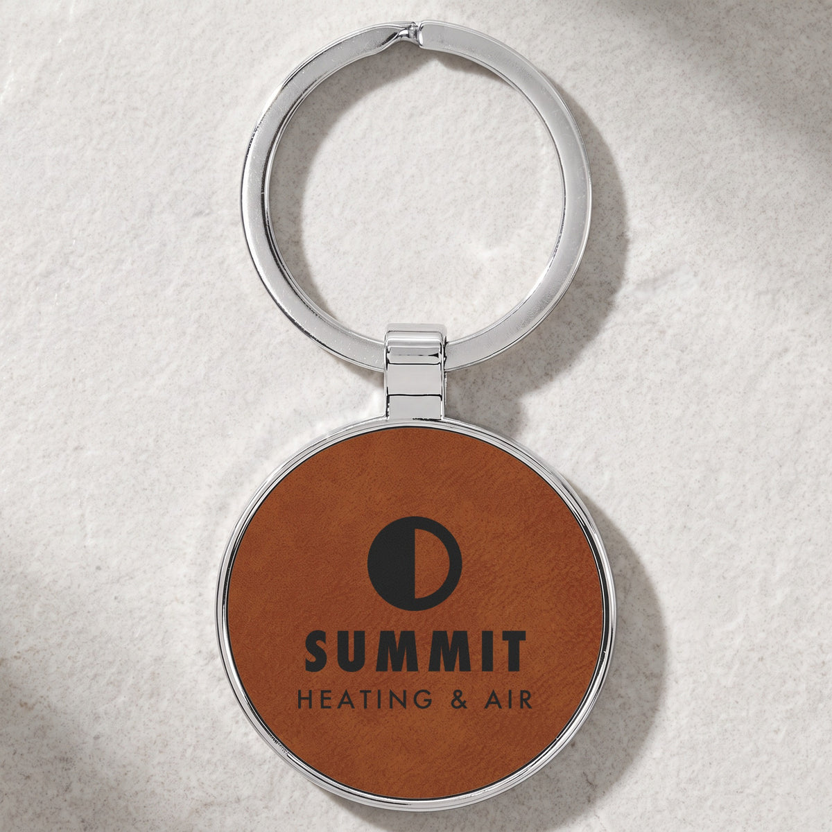Custom Logo Leatherette & Metal Keychain – Round, Rawhide with an engraved sample logo