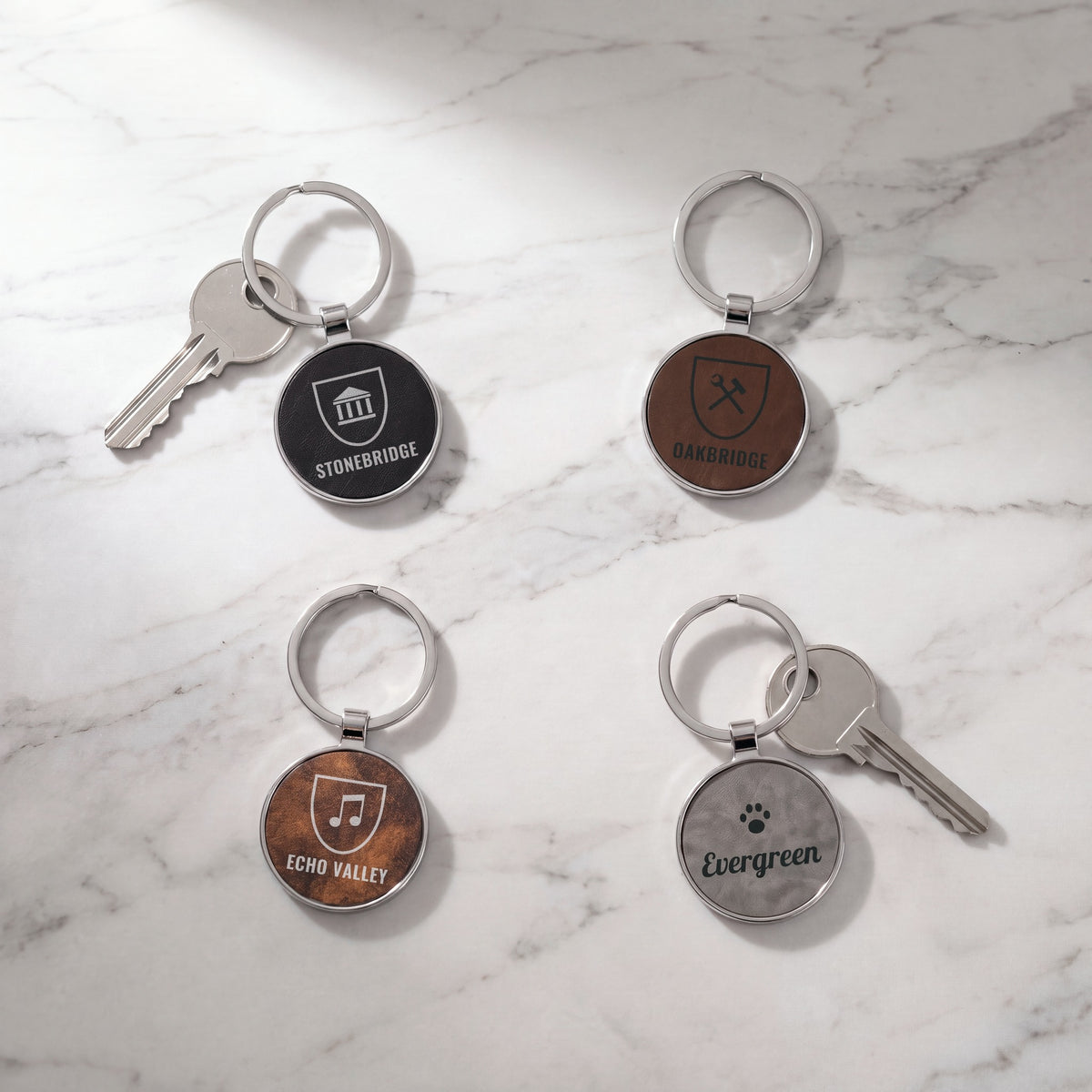 Custom logo leatherette & metal round keychains in Black/Silver, Dark Brown, Rustic/Silver and Gray, each engraved with a sample logo, on white marble