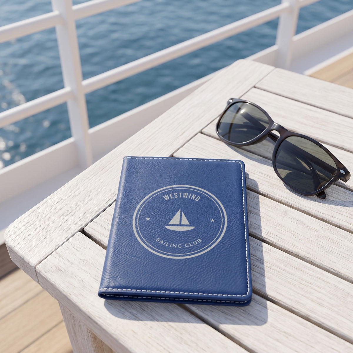 Custom Logo Leatherette Passport Holder, blue/silver with a silver engraved sample logo on a cruise ship deck