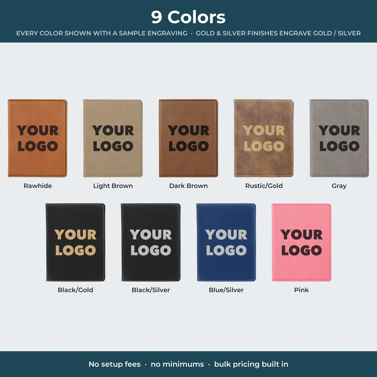 Custom Logo Leatherette Passport Holder – all 9 colors with a sample engraving