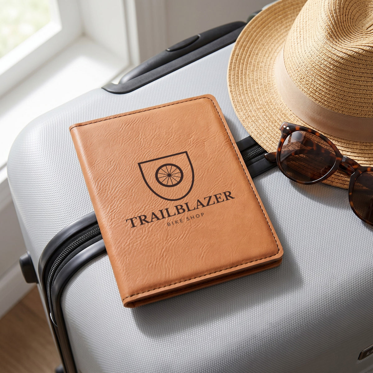 Custom Logo Leatherette Passport Holder, rawhide with an engraved sample logo on a suitcase