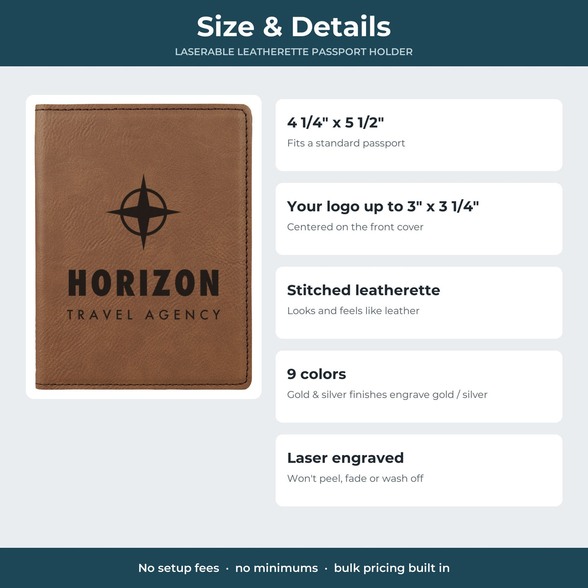 Custom Logo Leatherette Passport Holder – size and details: 4 1/4 x 5 1/2 inches, logo up to 3 x 3 1/4 inches