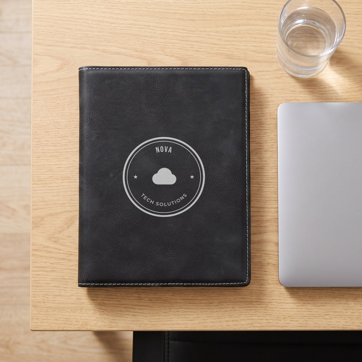 Custom Logo Leatherette Portfolio, black/silver with a silver engraved sample logo on a conference table
