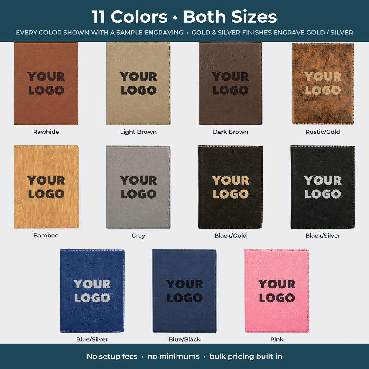 Custom Logo Leatherette Portfolio – all 11 colors with a sample engraving