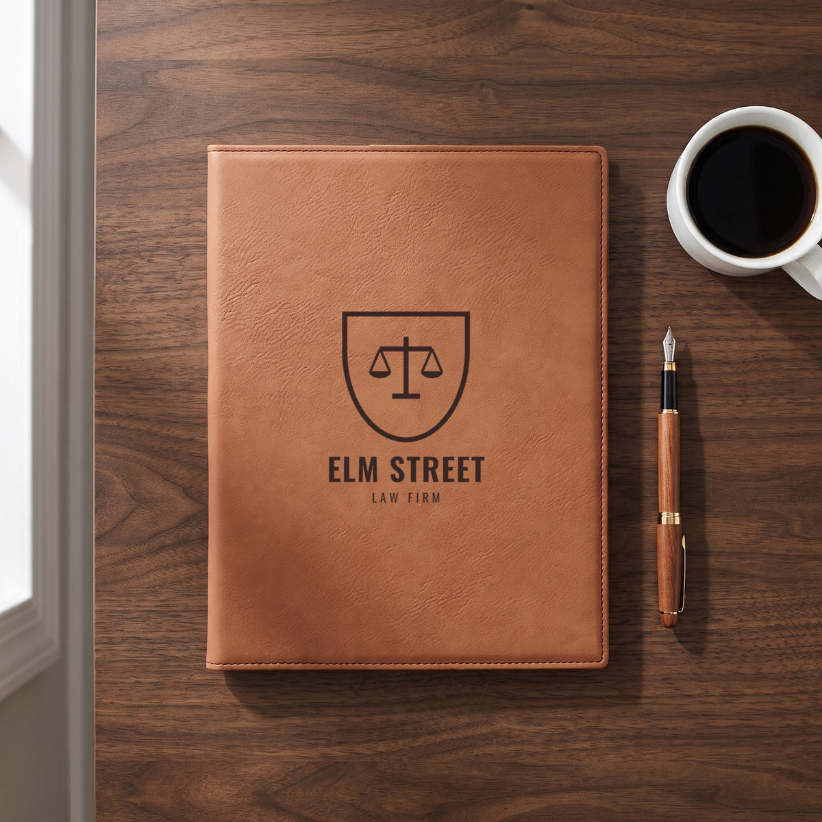 Custom Logo Leatherette Portfolio, rawhide with an engraved sample logo on an executive desk