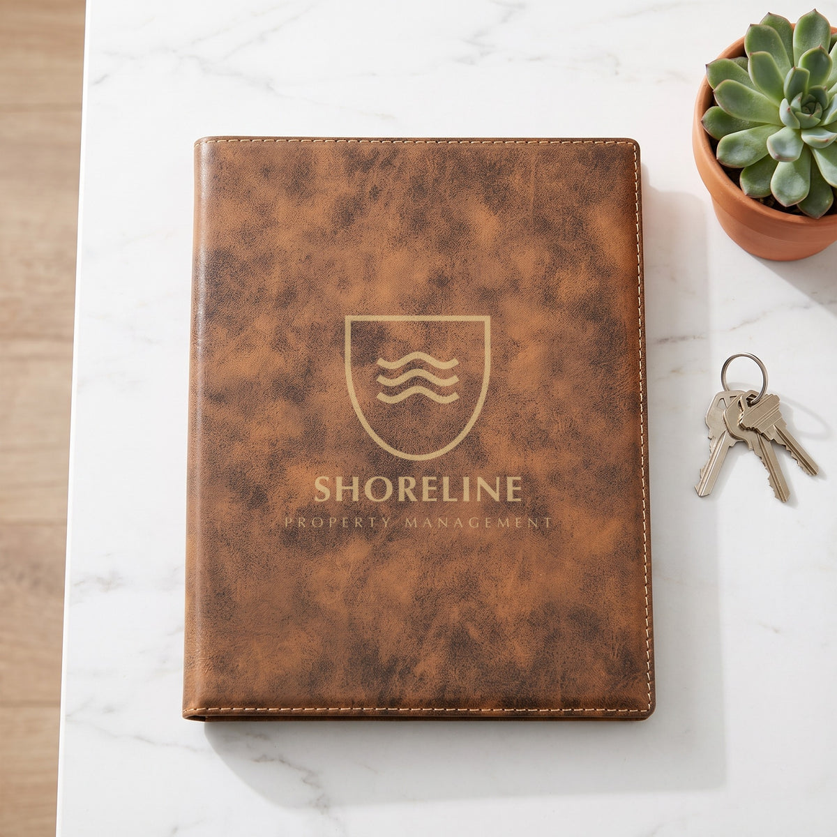 Custom Logo Leatherette Portfolio, rustic/gold with a gold engraved sample logo, realtor closing gift