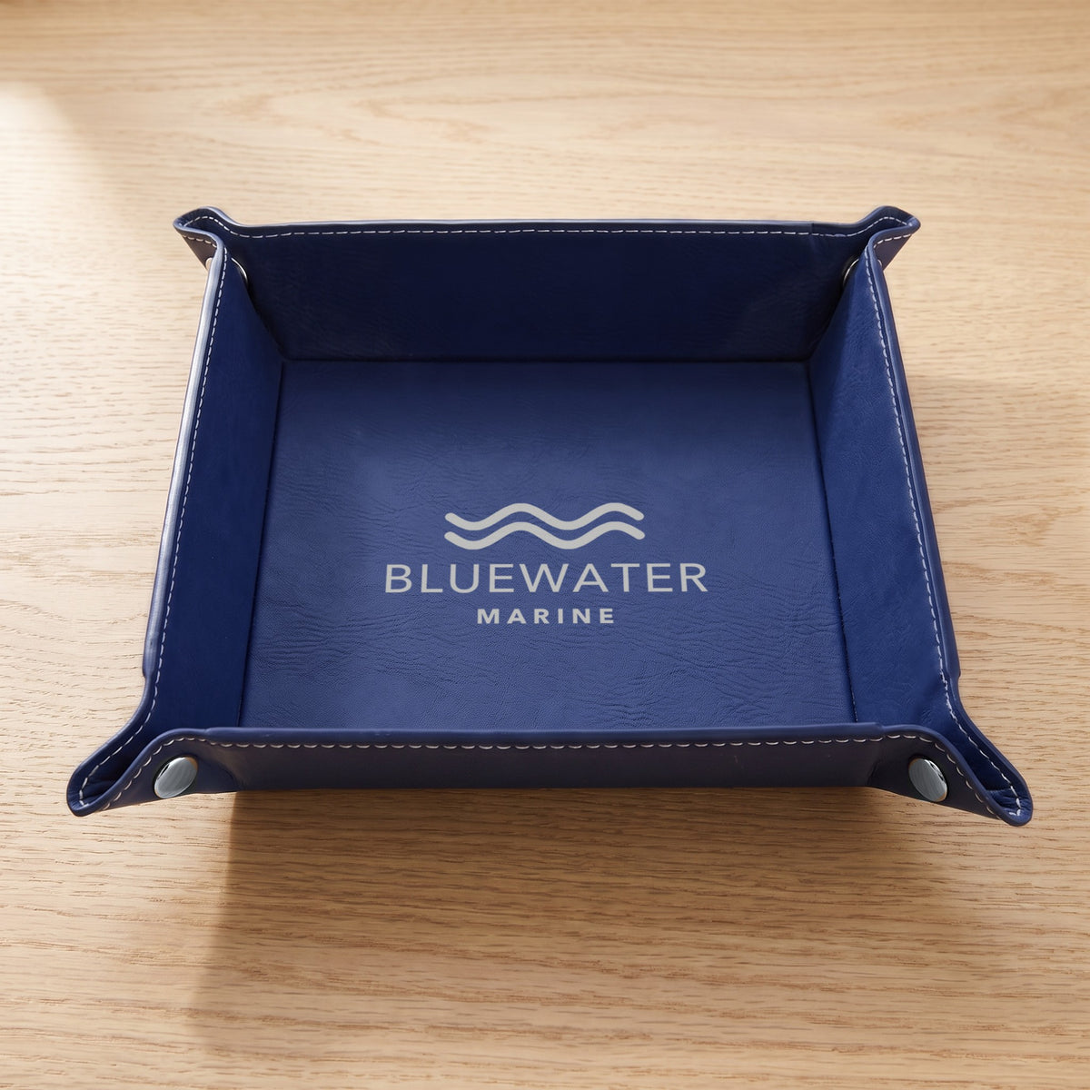 Custom Logo Leatherette Valet Tray – 6" Blue/Silver with silver engraved sample logo