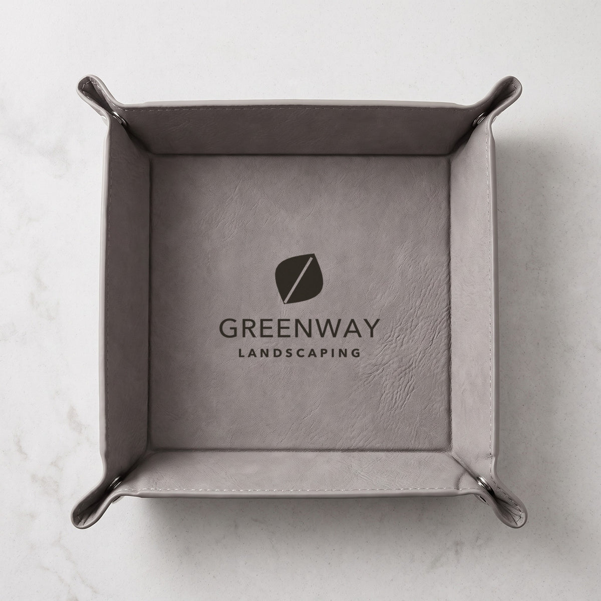 Custom Logo Leatherette Valet Tray – 6" Gray with dark engraved sample logo