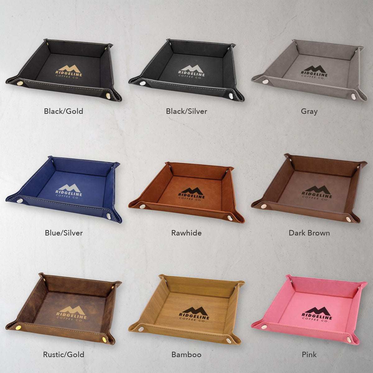 Custom Logo Leatherette Valet Tray – all 9 colors with the same engraved sample logo