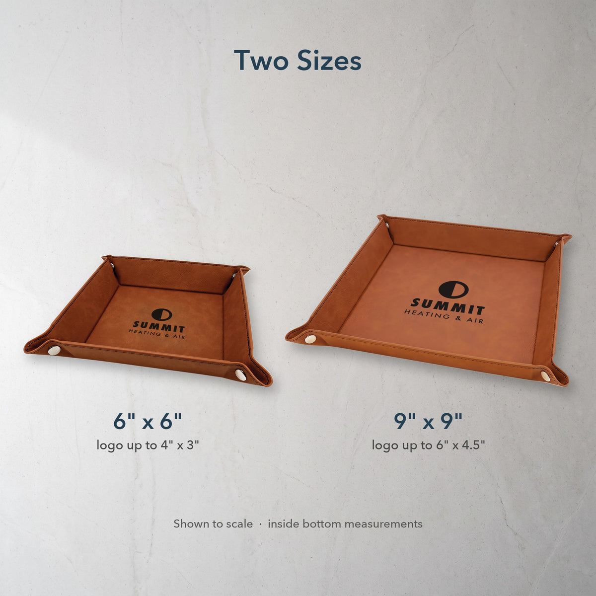Custom Logo Leatherette Valet Tray – 6" x 6" and 9" x 9" sizes shown to scale with the maximum logo size for each