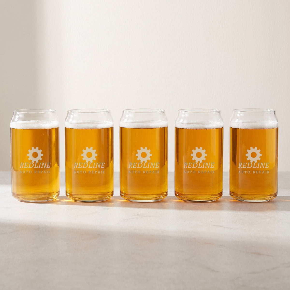 Custom Logo Libbey Beer Can Glass, 16 oz – bulk order: five glasses etched with the same sample logo