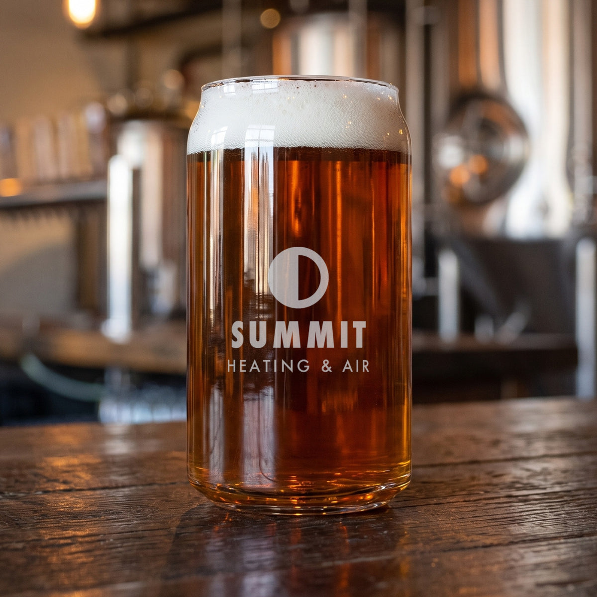 Custom Logo Libbey Beer Can Glass, 16 oz on a brewery bar, etched with a sample logo
