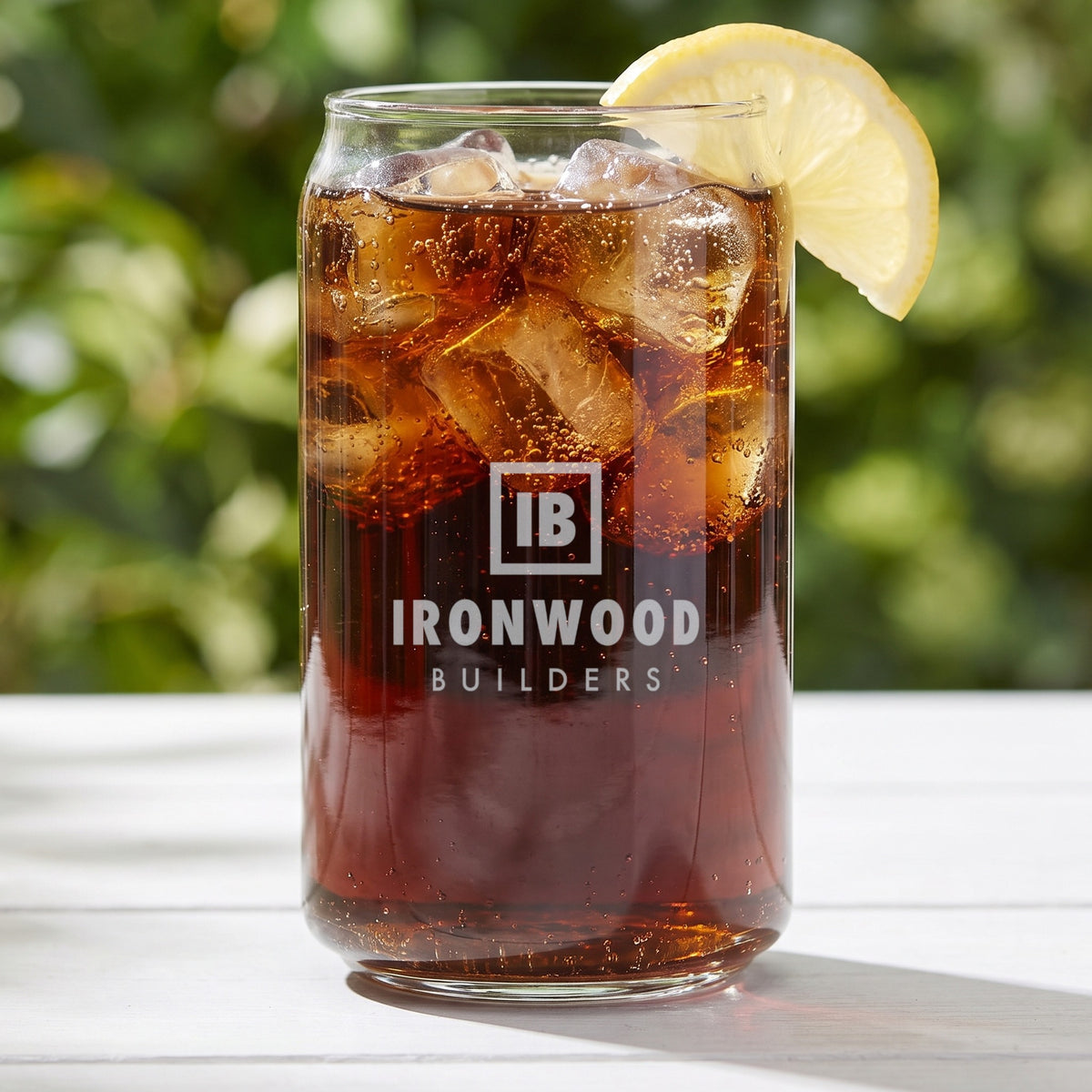 Custom Logo Libbey Beer Can Glass, 16 oz with cola and ice, etched with a sample logo
