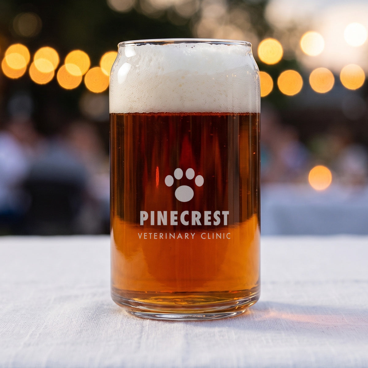 Custom Logo Libbey Beer Can Glass, 16 oz at an outdoor company event, etched with a sample logo