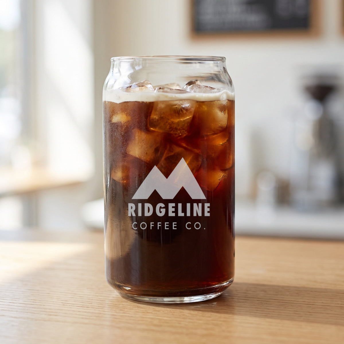 Custom Logo Libbey Beer Can Glass, 16 oz with iced cold brew coffee, etched with a sample coffee shop logo