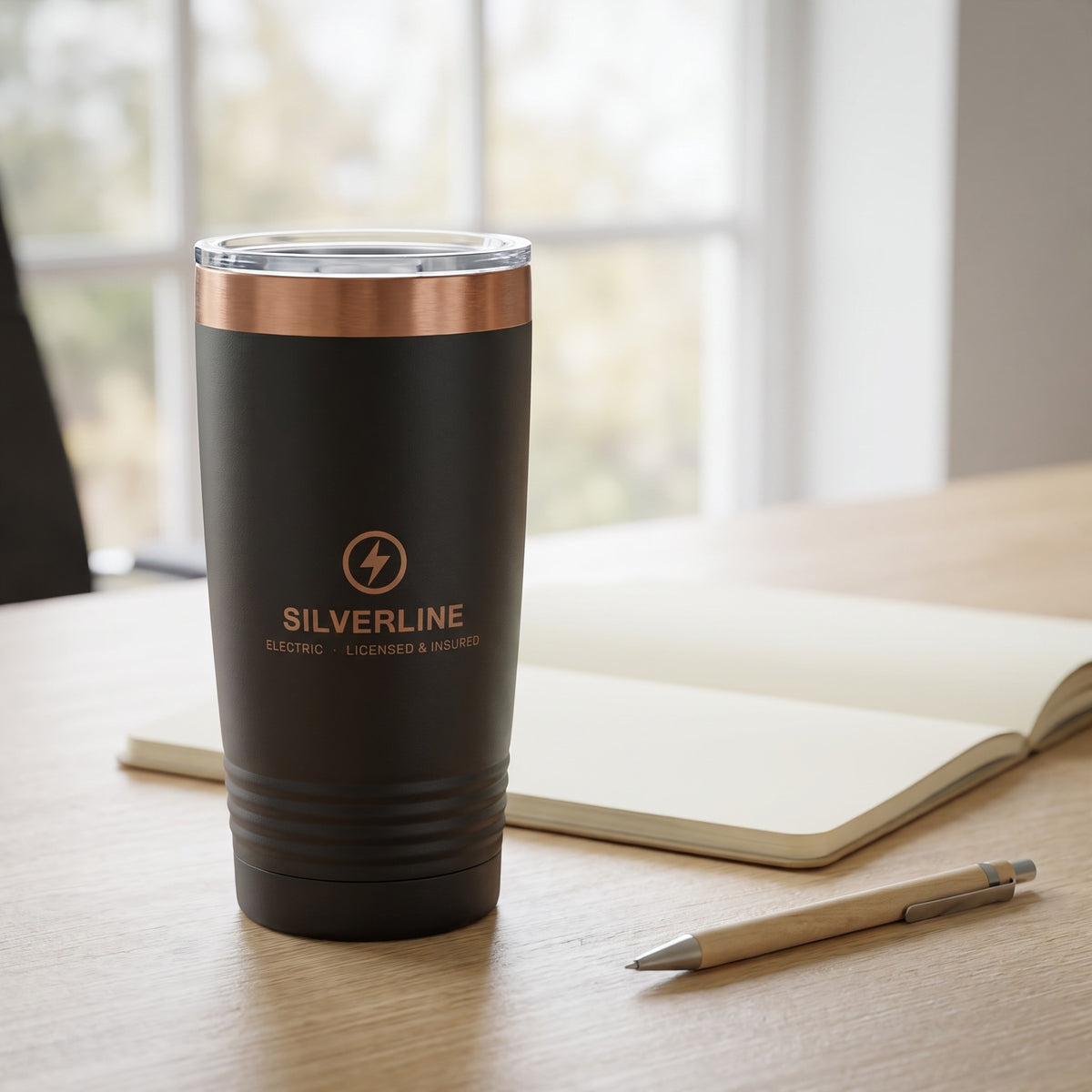 Custom Logo Polar Camel 20 oz Ringneck Tumbler – Black/Rose Gold in use, with sample engraved logo