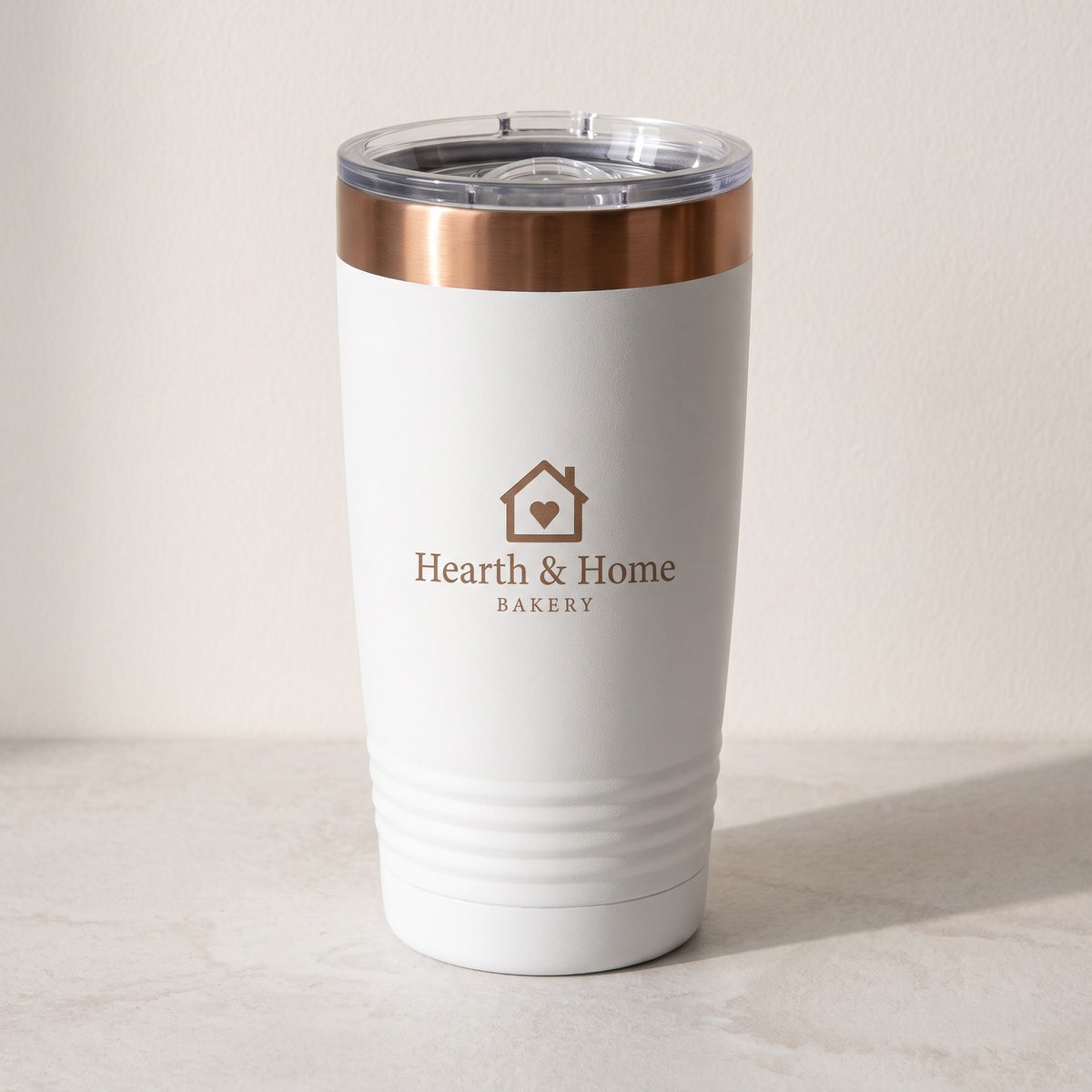 Custom Logo Polar Camel 20 oz Ringneck Tumbler – White/Rose Gold, with sample engraved logo