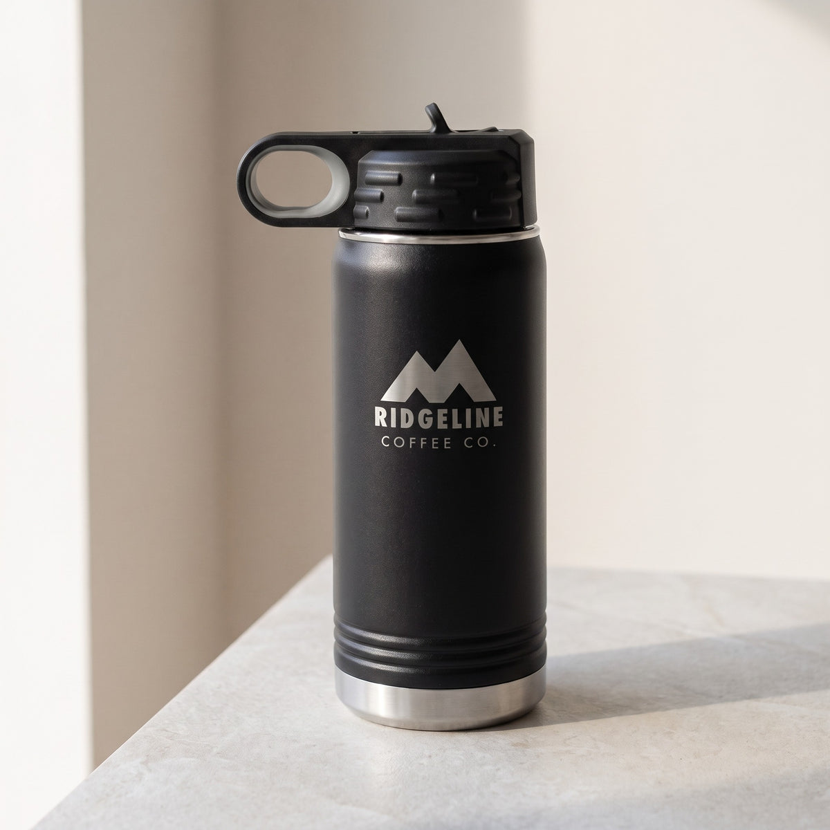 Custom Logo Polar Camel Water Bottle – 20 oz Black with engraved sample logo