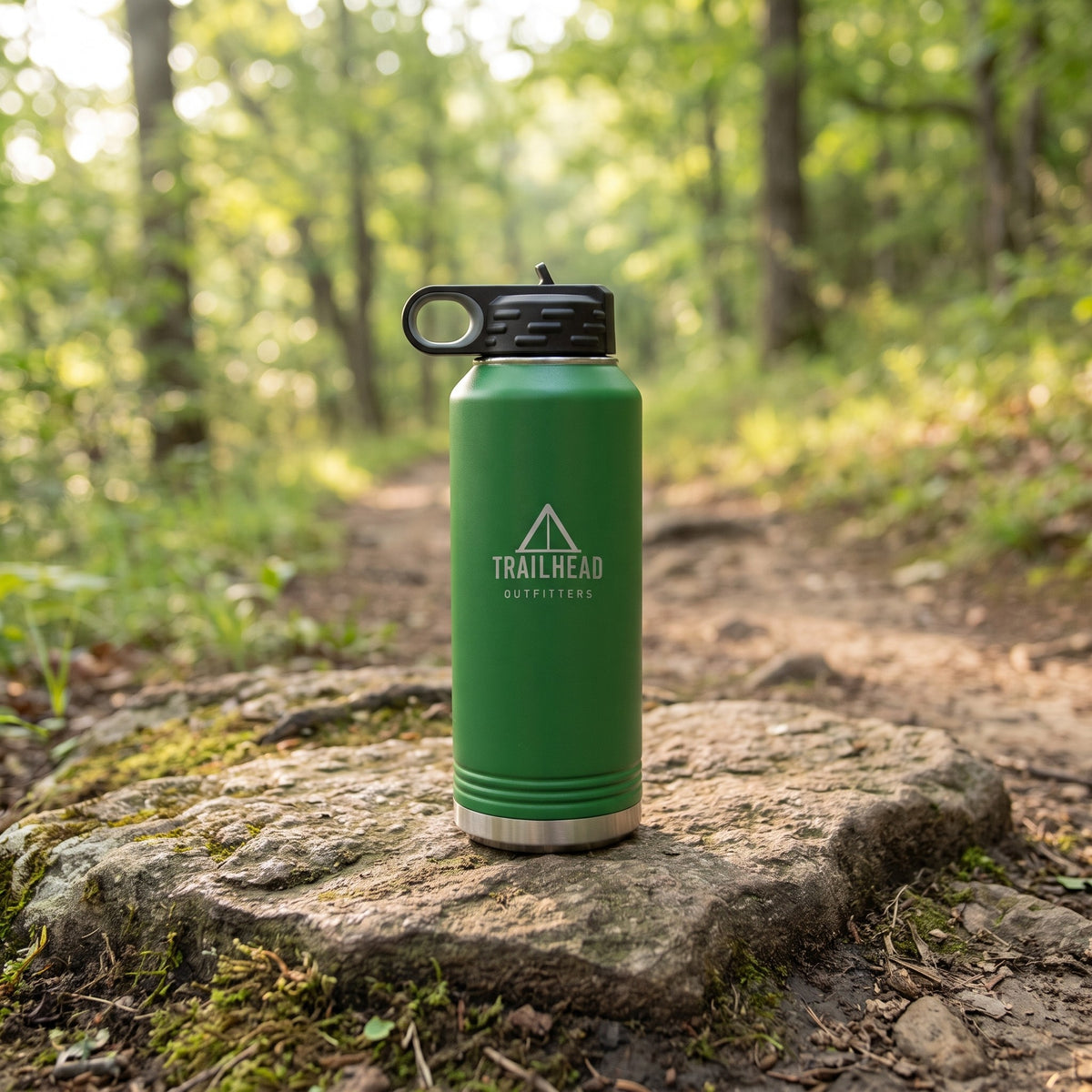 Custom Logo Polar Camel Water Bottle – 40 oz Green on a rock by a forest trail, engraved sample logo