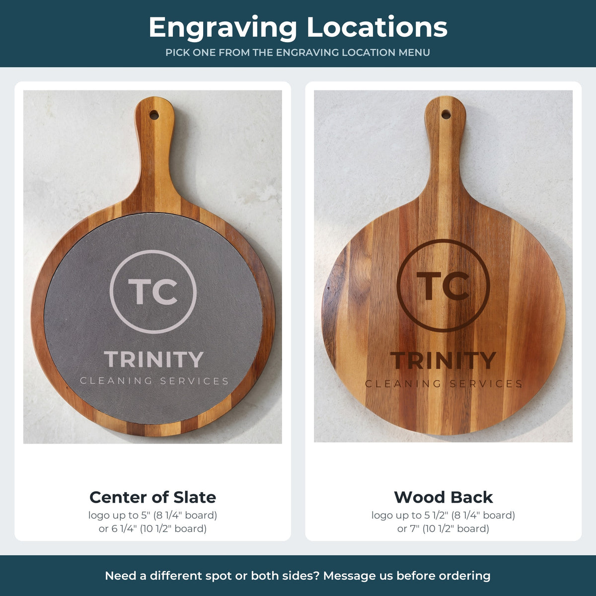 Custom Logo Round Slate & Acacia Serving Board with Handle – the 2 engraving locations: center of the slate or the acacia wood back, with maximum logo sizes