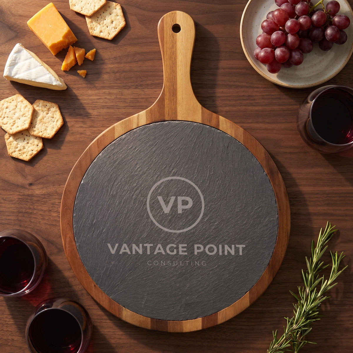 Custom Logo Round Slate & Acacia Serving Board with Handle, engraved sample logo, served with cheese, crackers and wine
