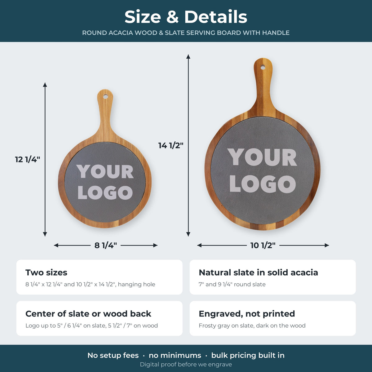 Custom Logo Round Slate & Acacia Serving Board with Handle – size and details: 8 1/4 x 12 1/4 and 10 1/2 x 14 1/2 inch boards
