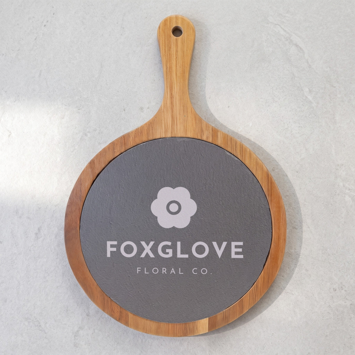 Custom Logo Round Slate & Acacia Serving Board with Handle, 8 1/4 inch board with an engraved sample logo