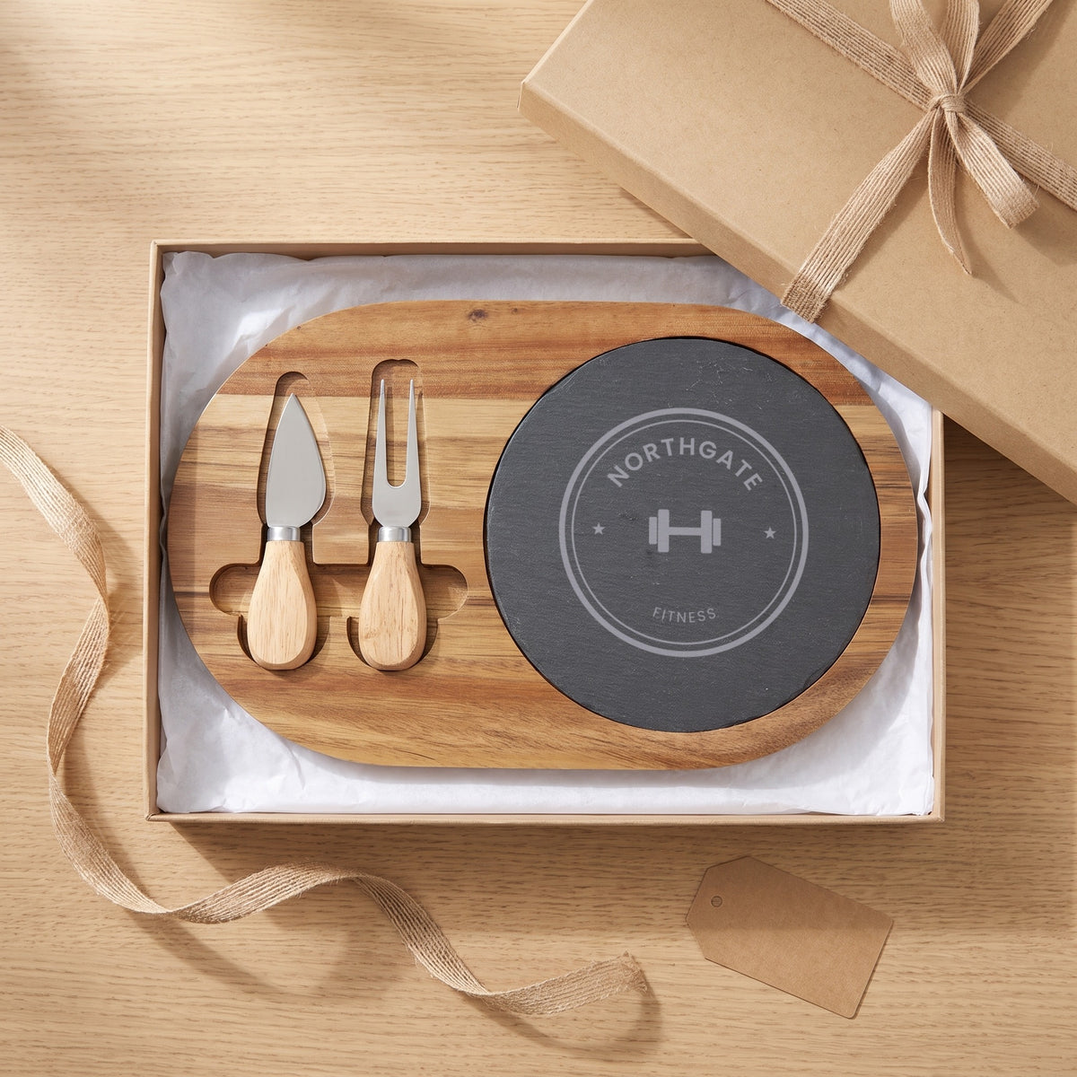 Custom Logo Slate & Acacia Cheese Board Set – Oval, engraved sample logo, in a kraft gift box as a client gift