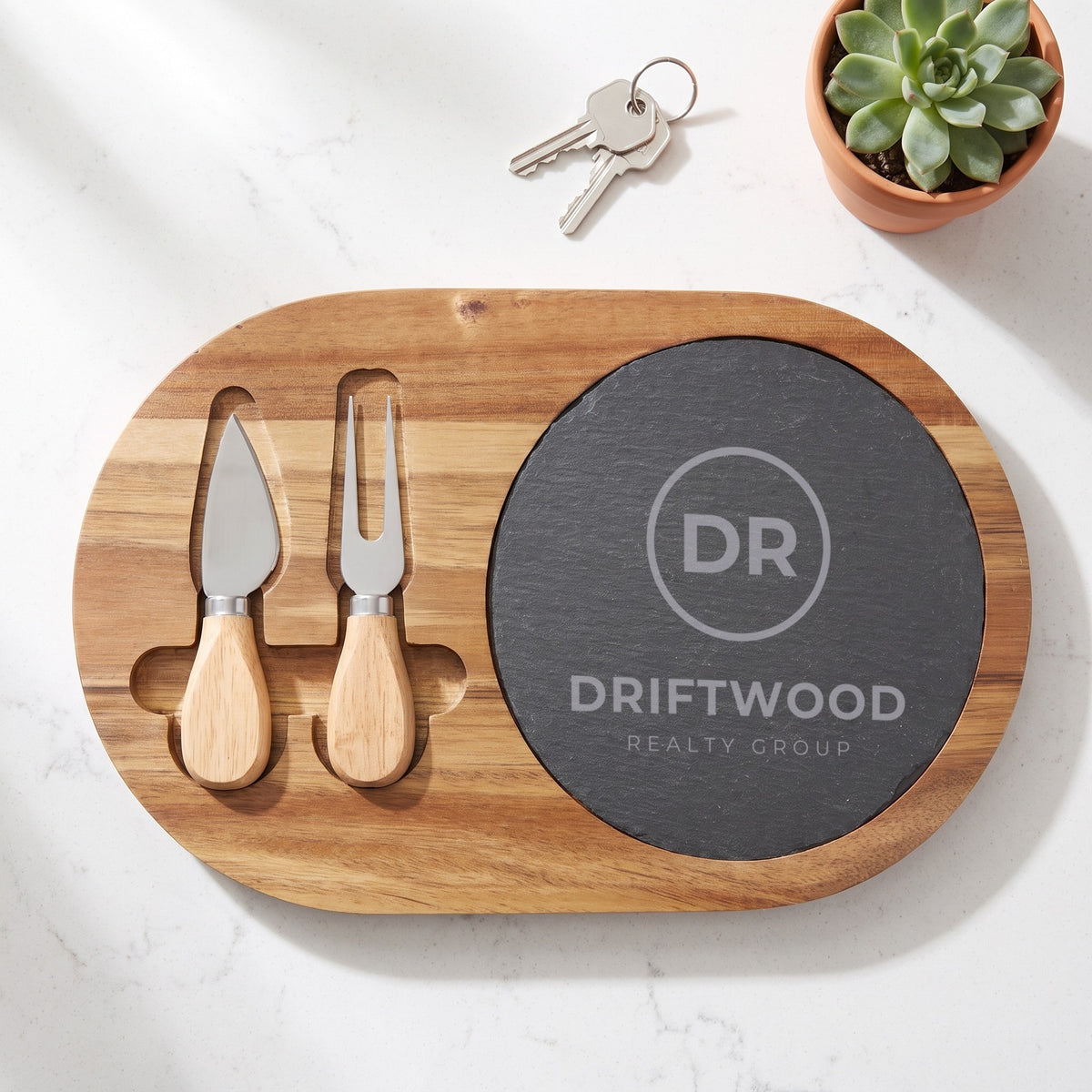 Custom Logo Slate & Acacia Cheese Board Set – Oval, engraved sample realtor logo, as a closing gift with house keys