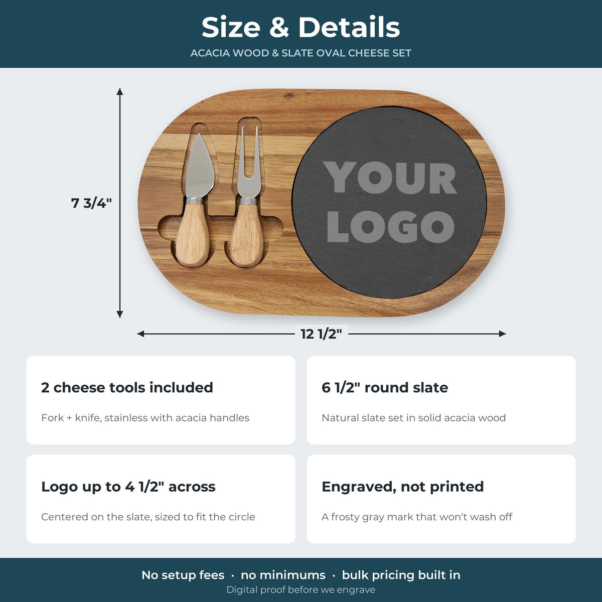 Custom Logo Slate & Acacia Cheese Board Set – Oval – size and details: 12 1/2" x 7 3/4" board, 6 1/2" round slate, 2 tools