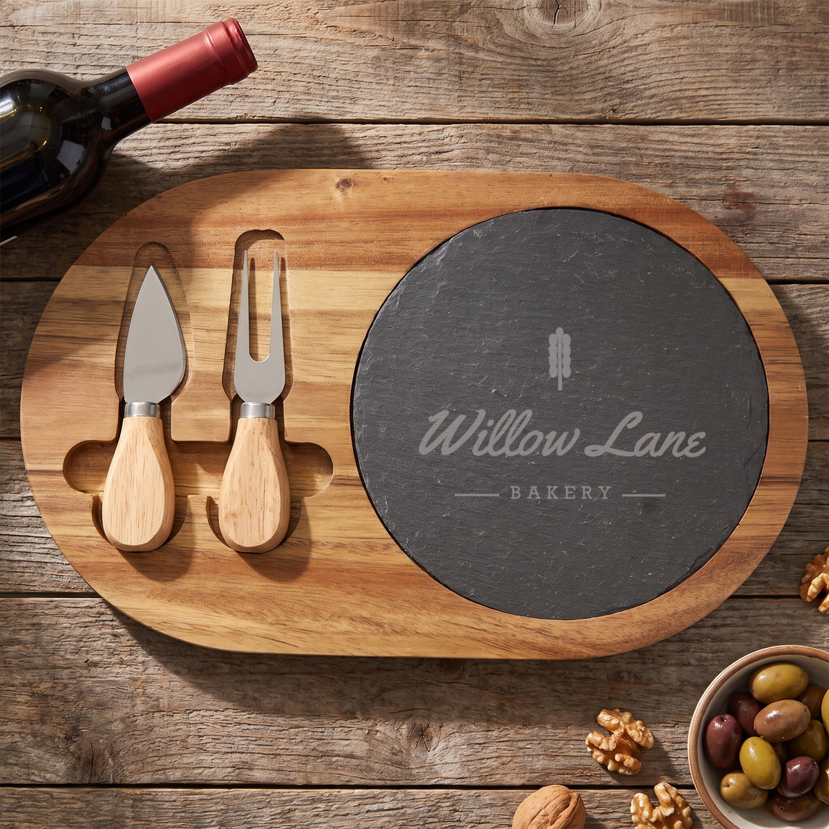 Custom Logo Slate & Acacia Cheese Board Set – Oval, engraved sample logo, with wine and olives
