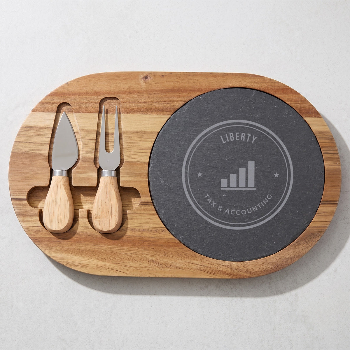 Custom Logo Slate & Acacia Cheese Board Set – Oval, engraved sample logo on the round slate, with 2 cheese tools