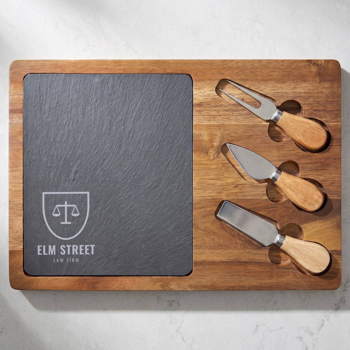 Custom Logo Slate & Acacia Cheese Board Set – Rectangle, sample logo engraved in the bottom left corner of the slate