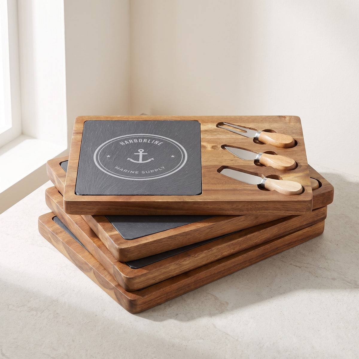 Custom Logo Slate & Acacia Cheese Board Set – Rectangle – bulk stack of cheese sets, engraved with the same sample logo