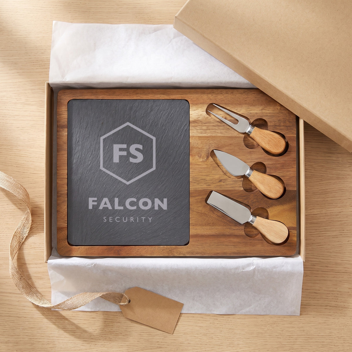 Custom Logo Slate & Acacia Cheese Board Set – Rectangle, engraved sample logo, in a kraft gift box as a client gift