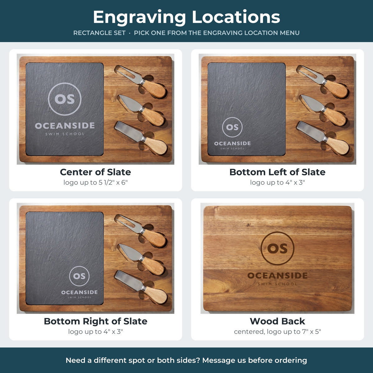 Custom Logo Slate & Acacia Cheese Board Set – Rectangle – the 4 engraving locations: center of slate, bottom left, bottom right, wood back