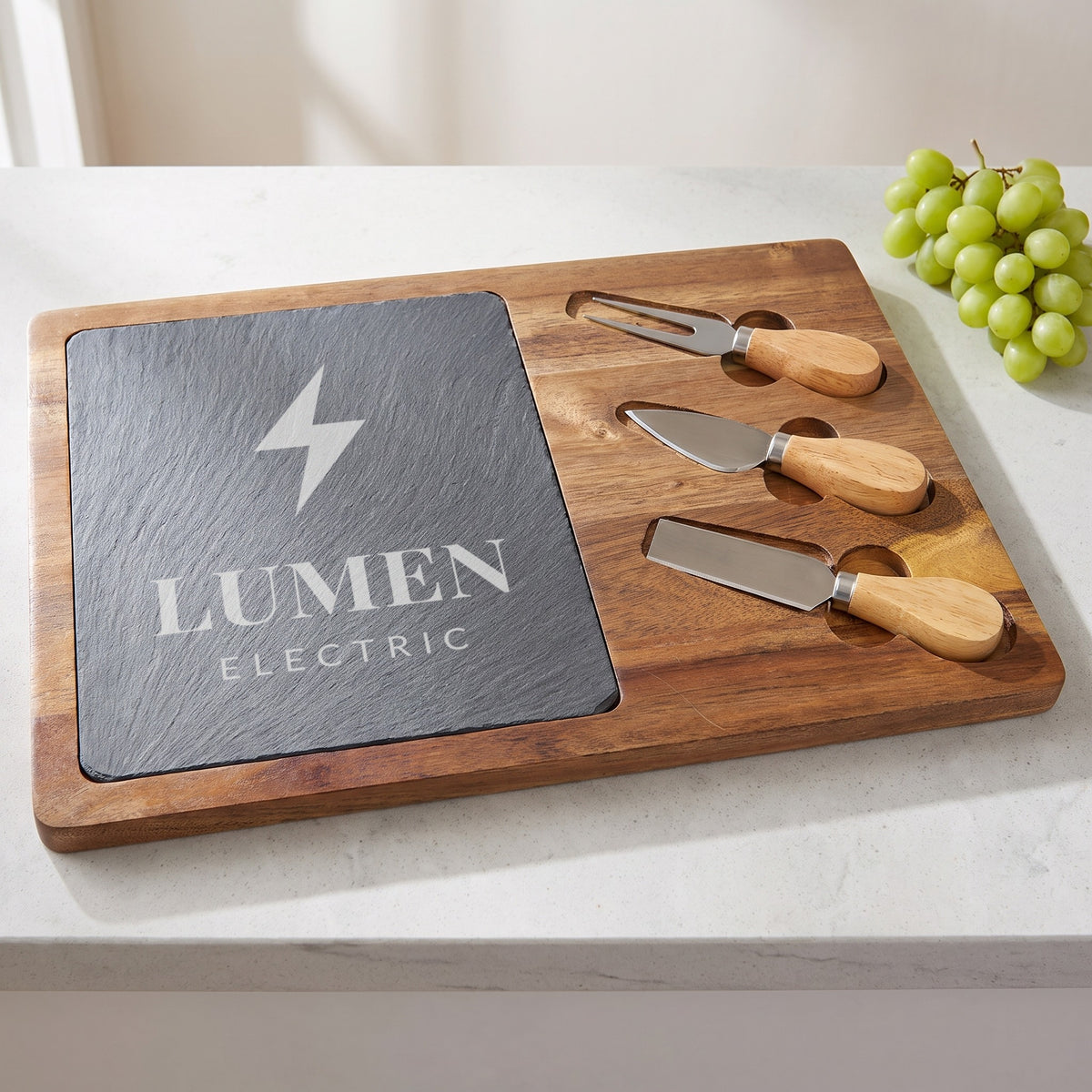Custom Logo Slate & Acacia Cheese Board Set – Rectangle, engraved sample logo, on a kitchen counter