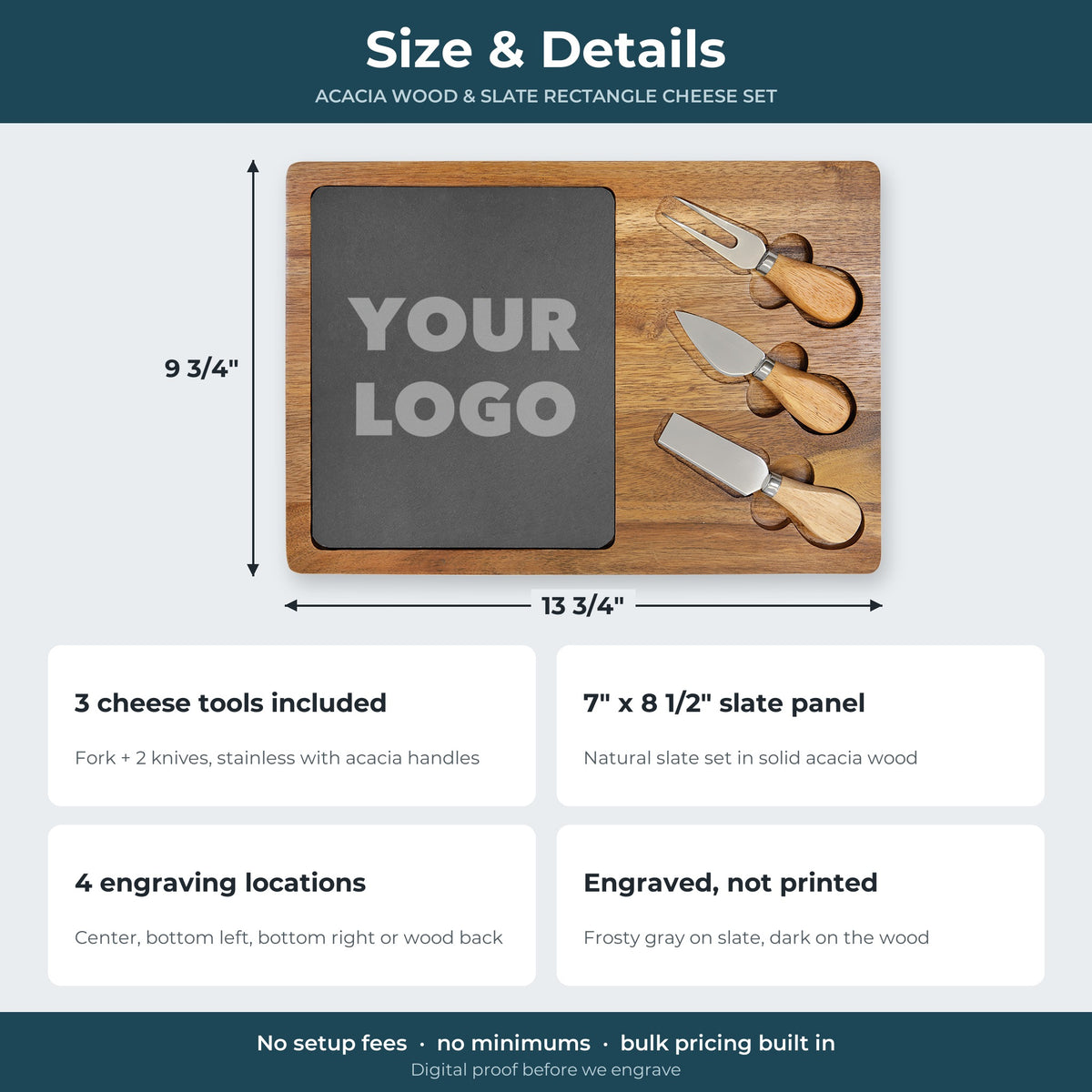 Custom Logo Slate & Acacia Cheese Board Set – Rectangle – size and details: 13 3/4" x 9 3/4" board, 7" x 8 1/2" slate, 3 tools
