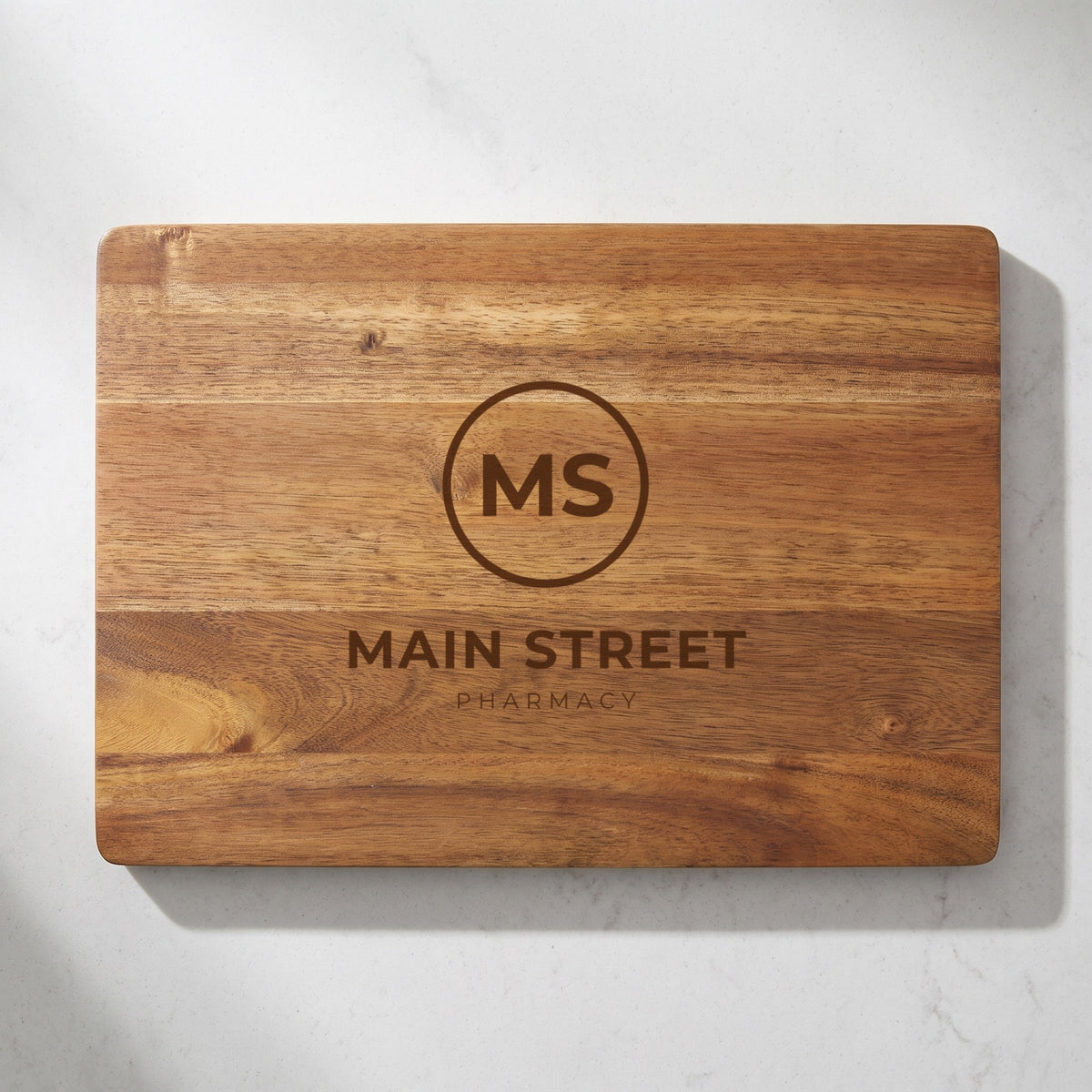 Custom Logo Slate & Acacia Cheese Board Set – Rectangle, sample logo engraved dark brown on the acacia wood back