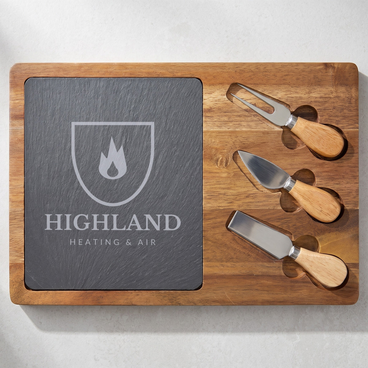Custom Logo Slate & Acacia Cheese Board Set – Rectangle, engraved sample logo in the center of the slate, with 3 cheese tools