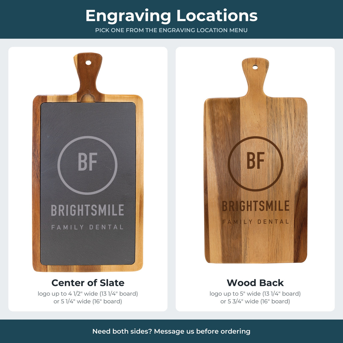 Custom Logo Slate & Acacia Paddle Cutting Board – the 2 engraving locations: center of the slate or the acacia wood back, with maximum logo sizes
