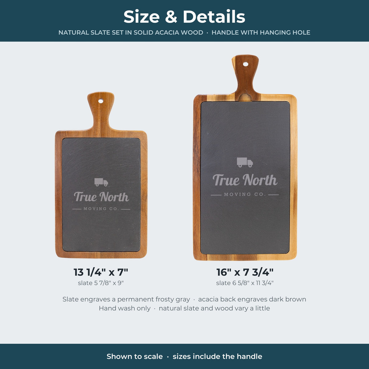 Custom Logo Slate & Acacia Paddle Cutting Board – size and details: 13 1/4 x 7 and 16 x 7 3/4 inch boards, shown to scale