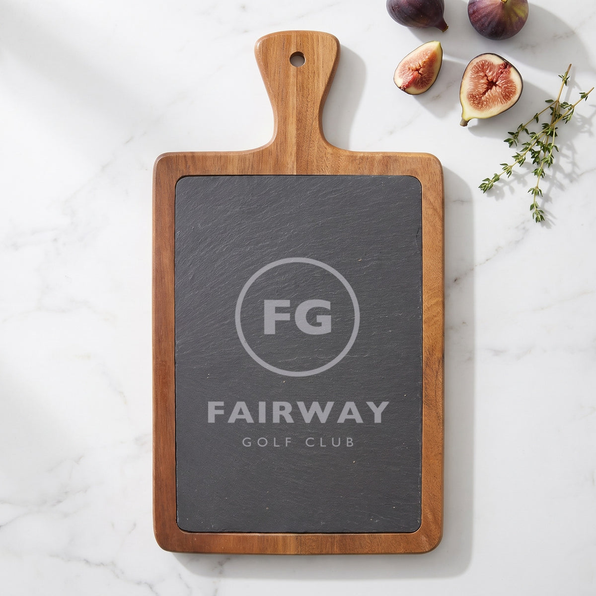 Custom Logo Slate & Acacia Paddle Cutting Board, 13 1/4 x 7 inch board with an engraved sample logo
