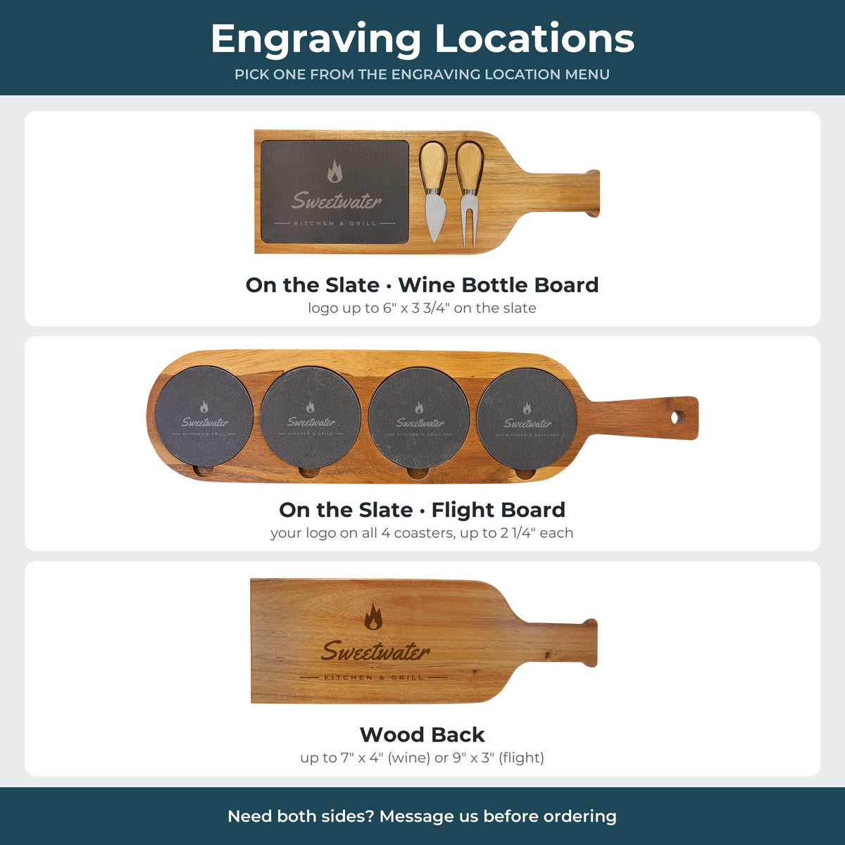 Custom Logo Slate & Acacia Serving Board – engraving locations: the slate, all 4 flight coasters, or the acacia wood back