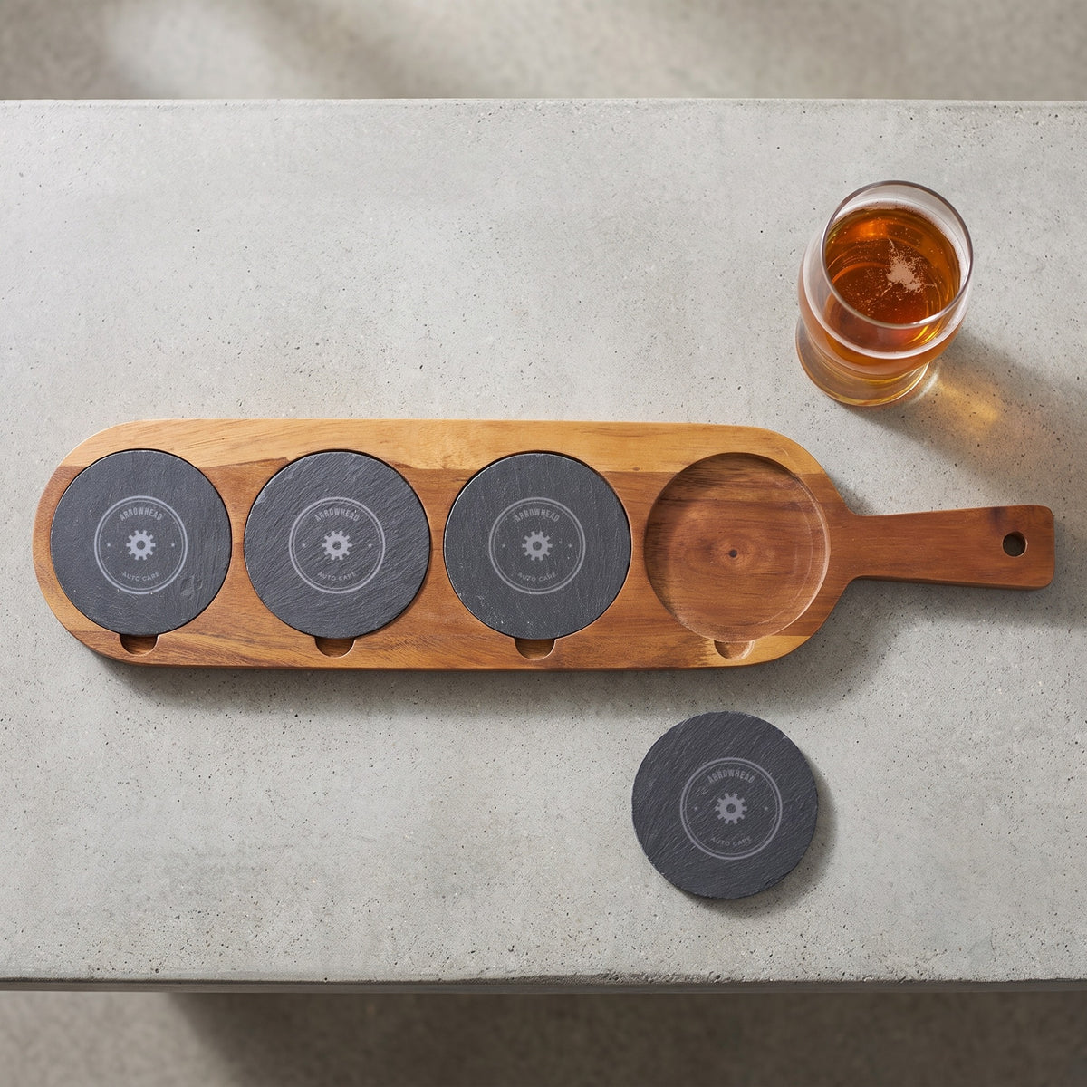 Custom Logo Slate & Acacia Serving Board, beer flight board with removable engraved slate coasters, one lifted out