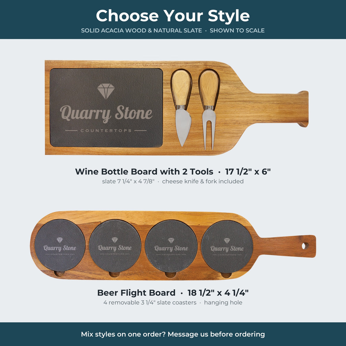 Custom Logo Slate & Acacia Serving Board – the 2 styles to scale: 17 1/2 x 6 inch wine bottle board and 18 1/2 x 4 1/4 inch beer flight board